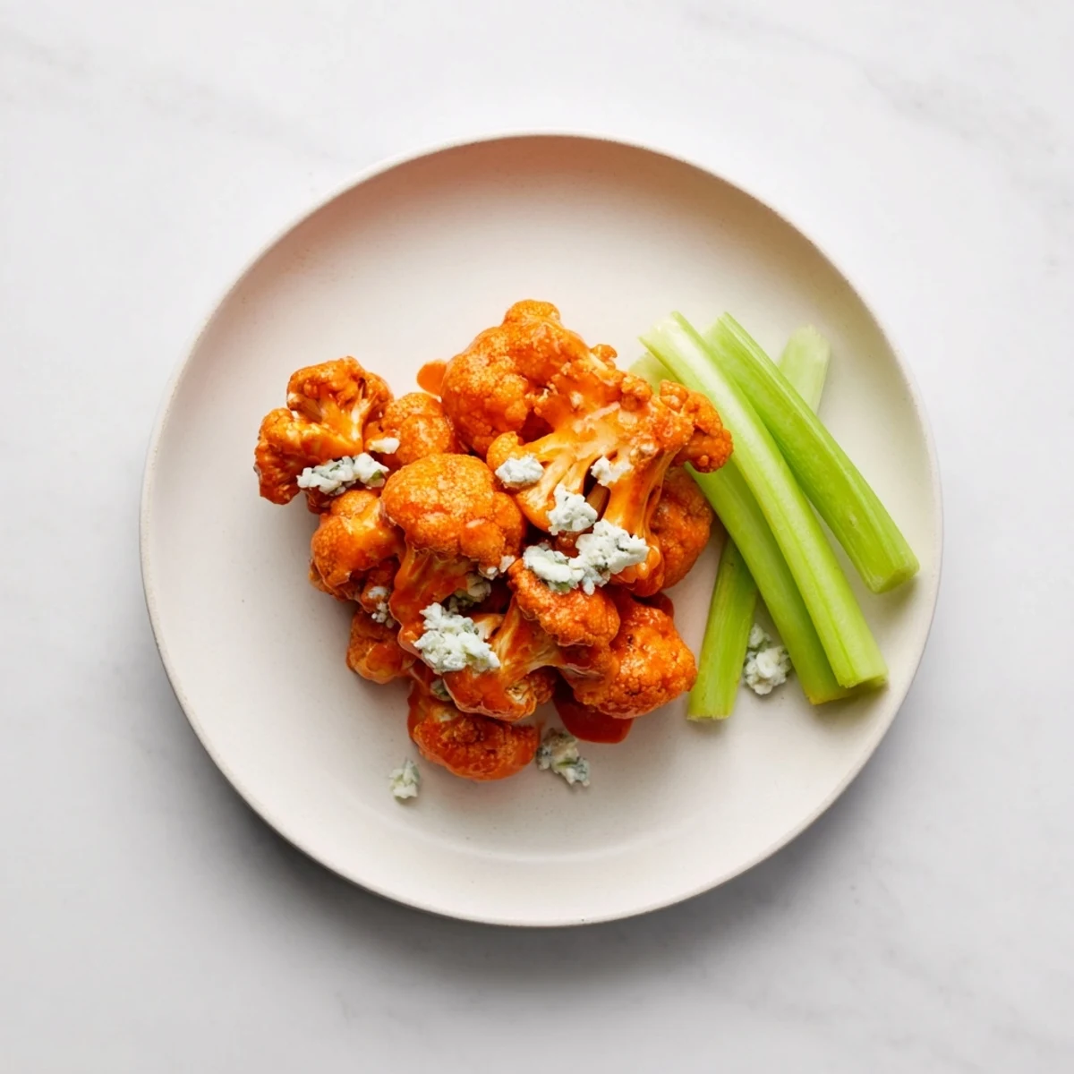 Golden Air Fryer Buffalo Cauliflower florets glistening with tangy red sauce and served with crisp celery sticks.