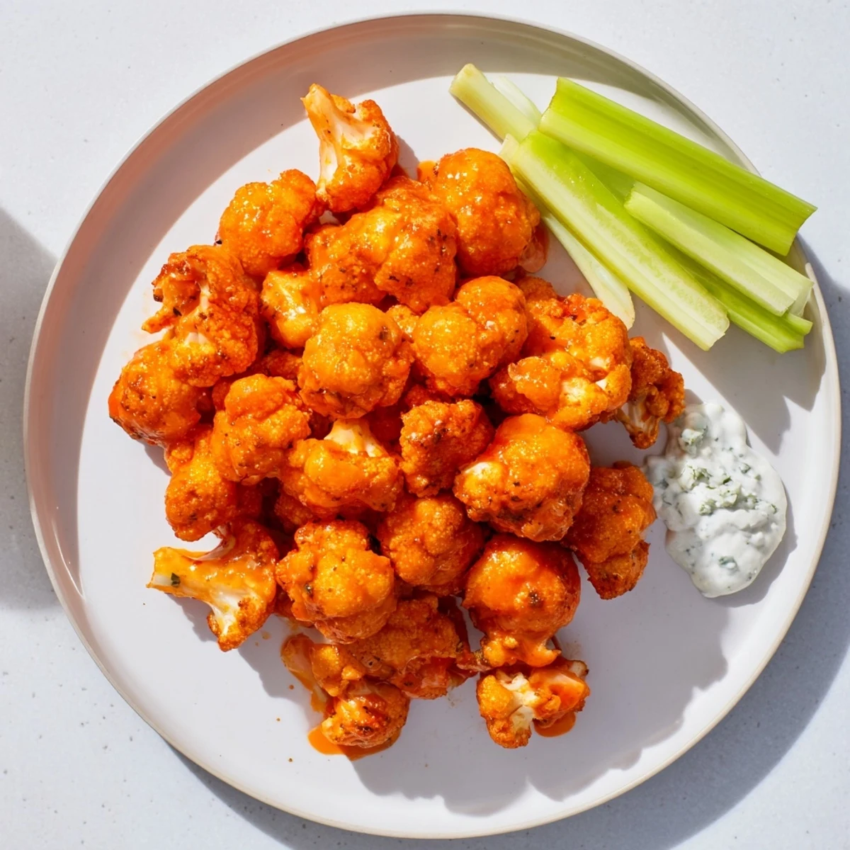 A close-up of crispy Air Fryer Buffalo Cauliflower piled high on a plate, drizzled with buttery hot sauce.