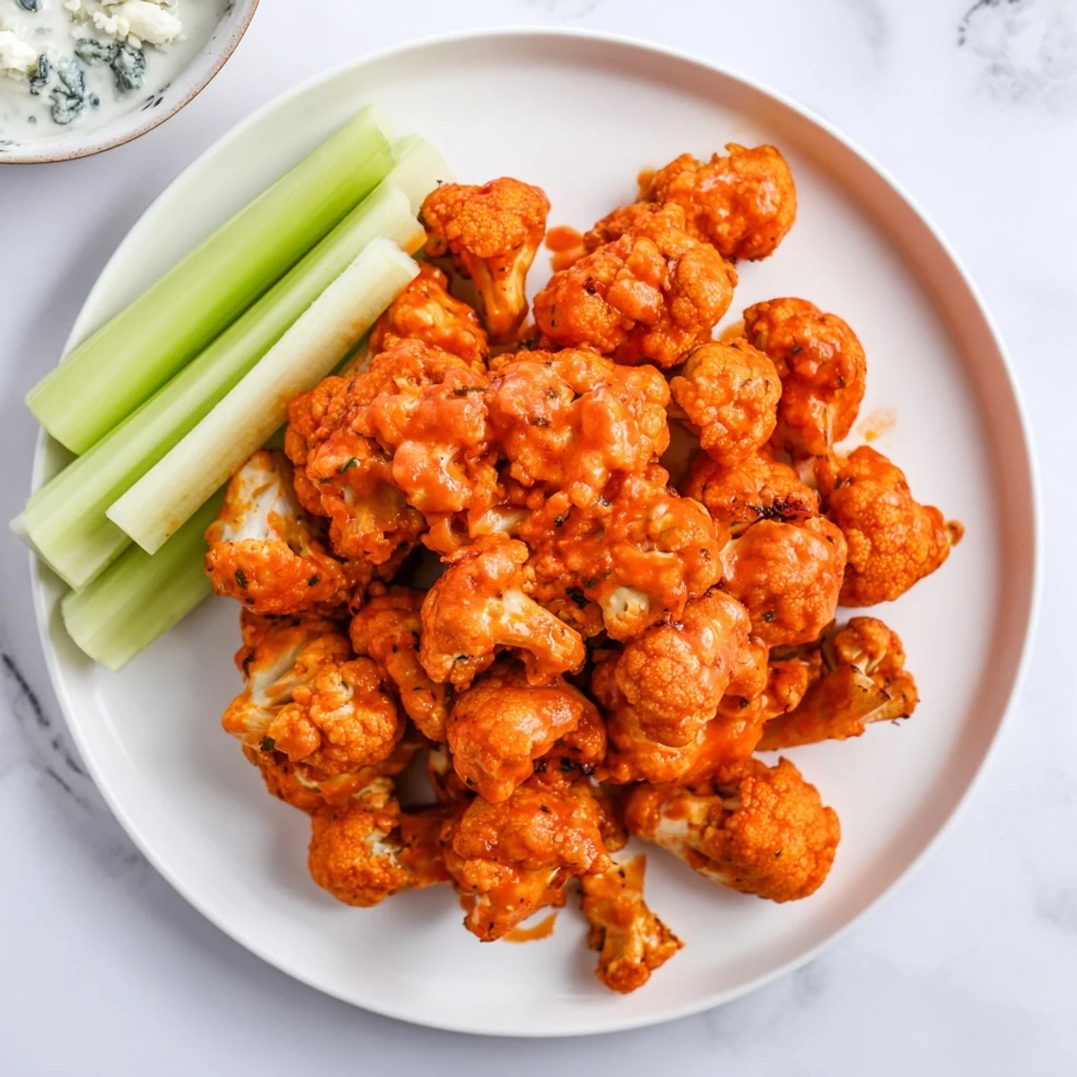 Freshly cooked Air Fryer Buffalo Cauliflower bites with a spicy aroma, ready for dipping in ranch dressing.