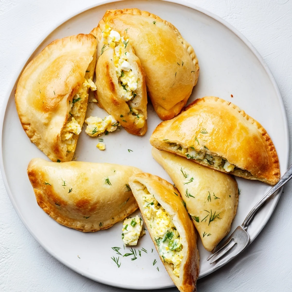A close-up of golden, baked Cheesy Egg and Cheese Piroshki with a flaky crust, served on a rustic wooden board.