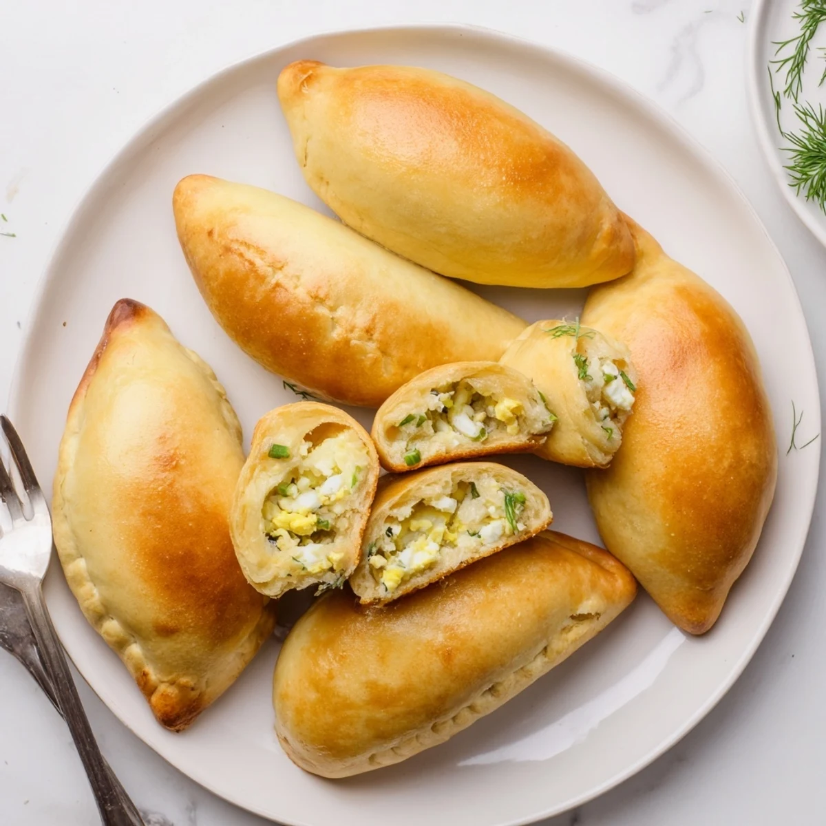 Overhead view of Cheesy Egg and Cheese Piroshki arranged on a plate with fresh dill garnish for a snack.