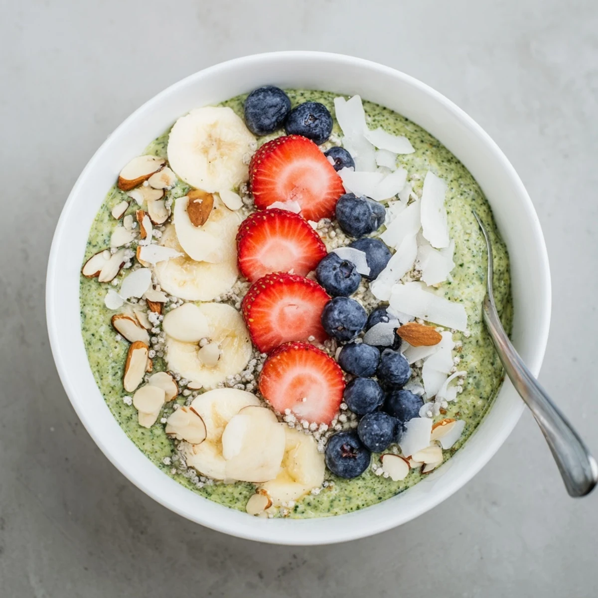 Spoon into Matcha Protein Overnight Oats topped with sliced banana and crunchy toasted coconut flakes.