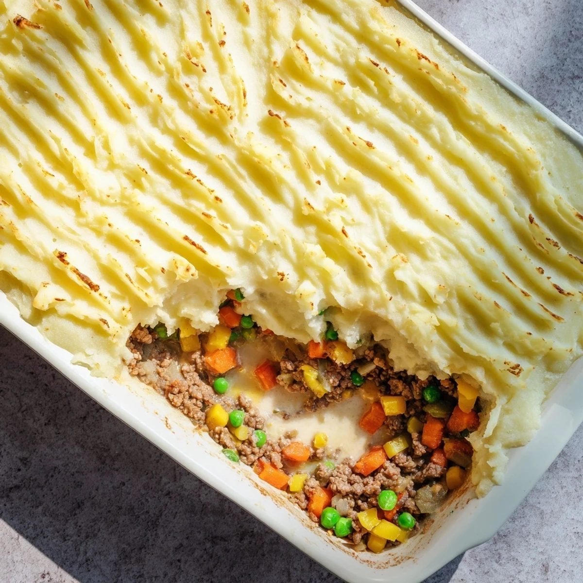 Creamy mashed potatoes topping golden-baked Easy Shepherds Pie with savory beef and peas in a dish.