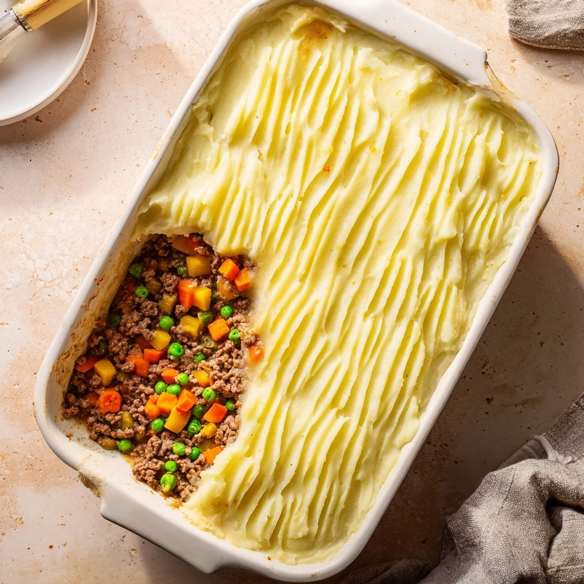 Easy Shepherds Pie ready to serve with fresh parsley garnish and steam rising from baked casserole dish.