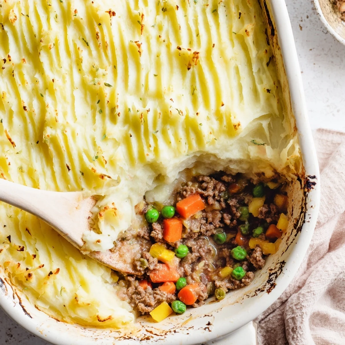 Golden-brown ridged potato topping covers bubbling Easy Shepherds Pie with vegetables and beef filling in skillet.