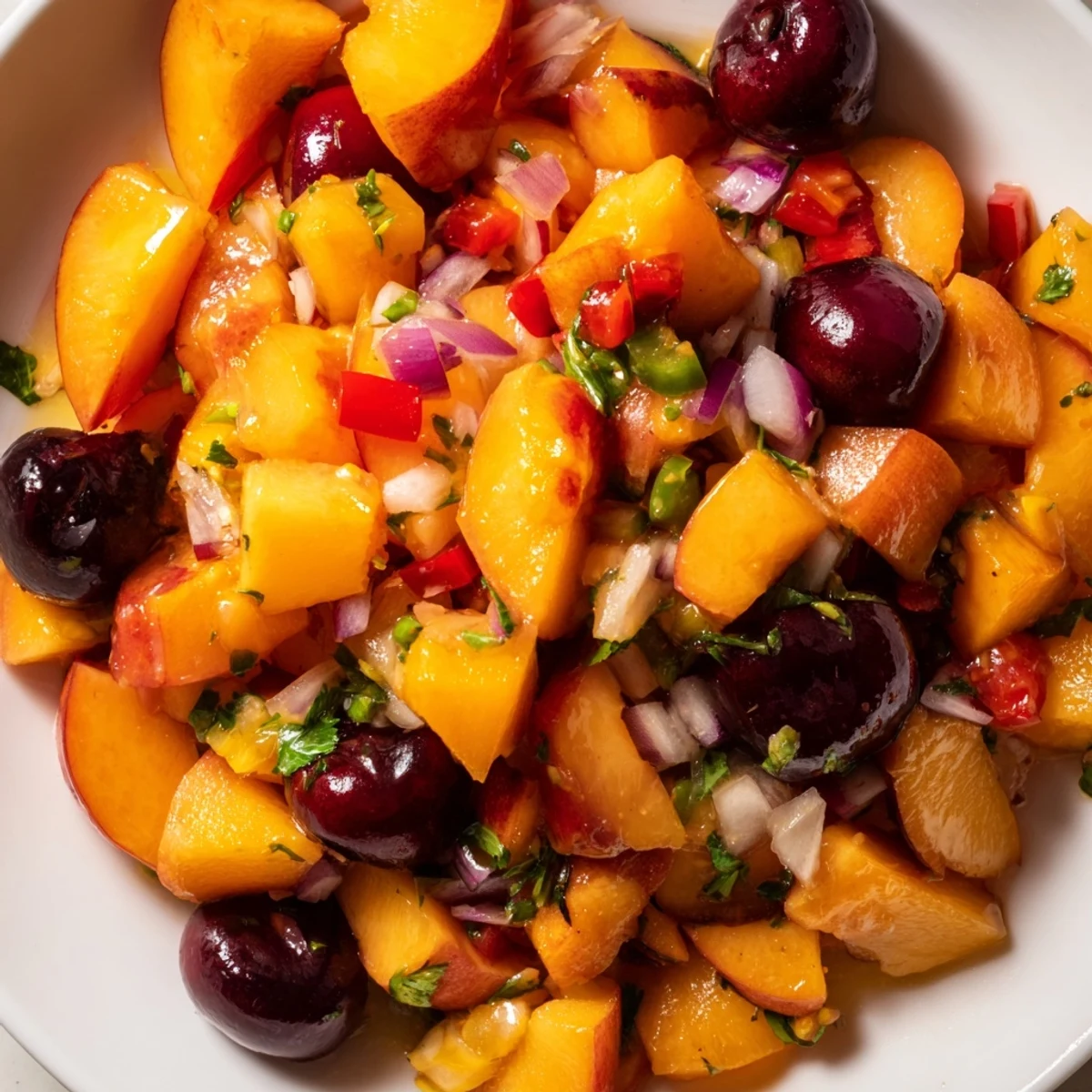 Juicy diced peaches and sweet cherries glisten in this Healthy Peach Cherry Salsa, served with tortilla chips.