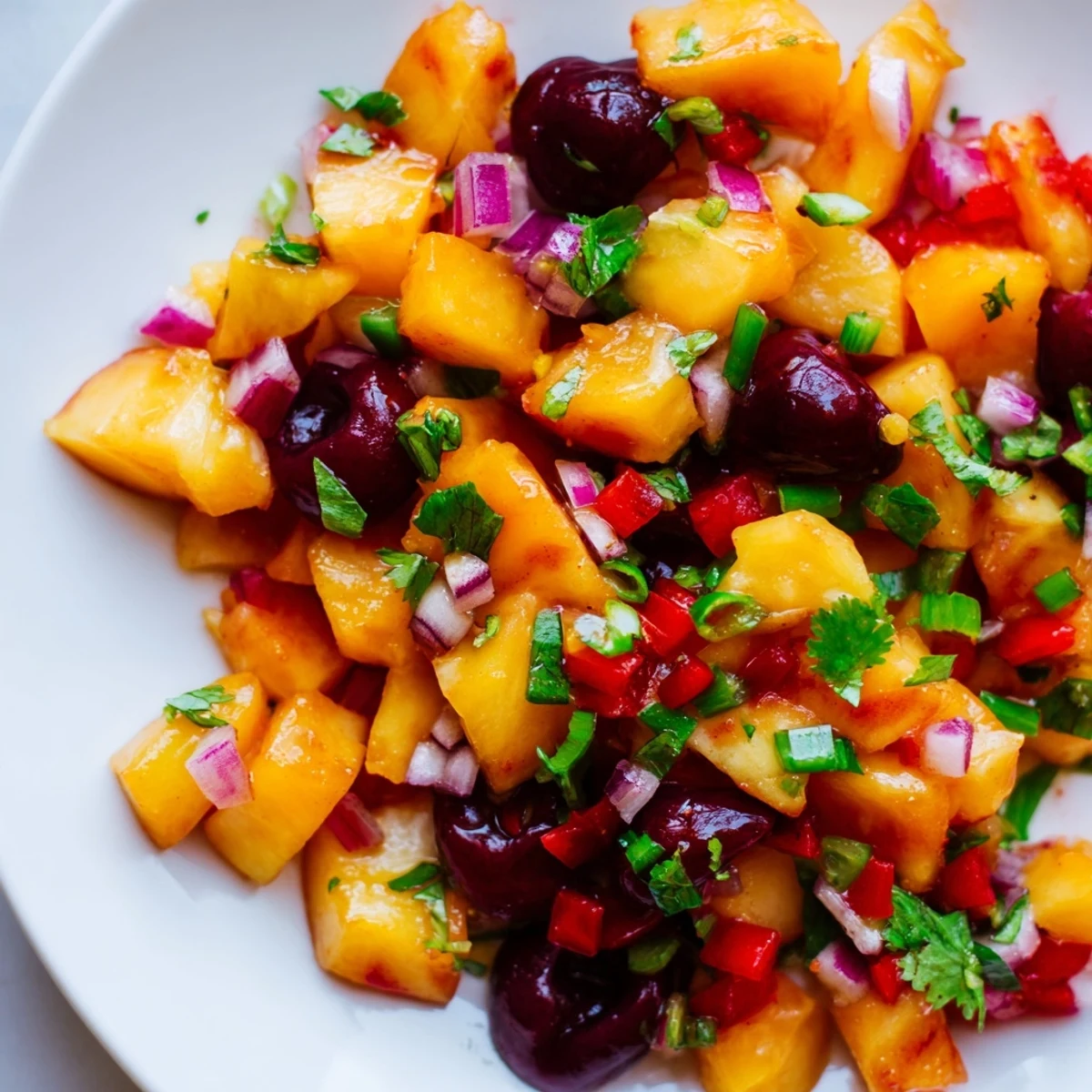 Freshly chopped red onion and cilantro add texture to the Healthy Peach Cherry Salsa dip.