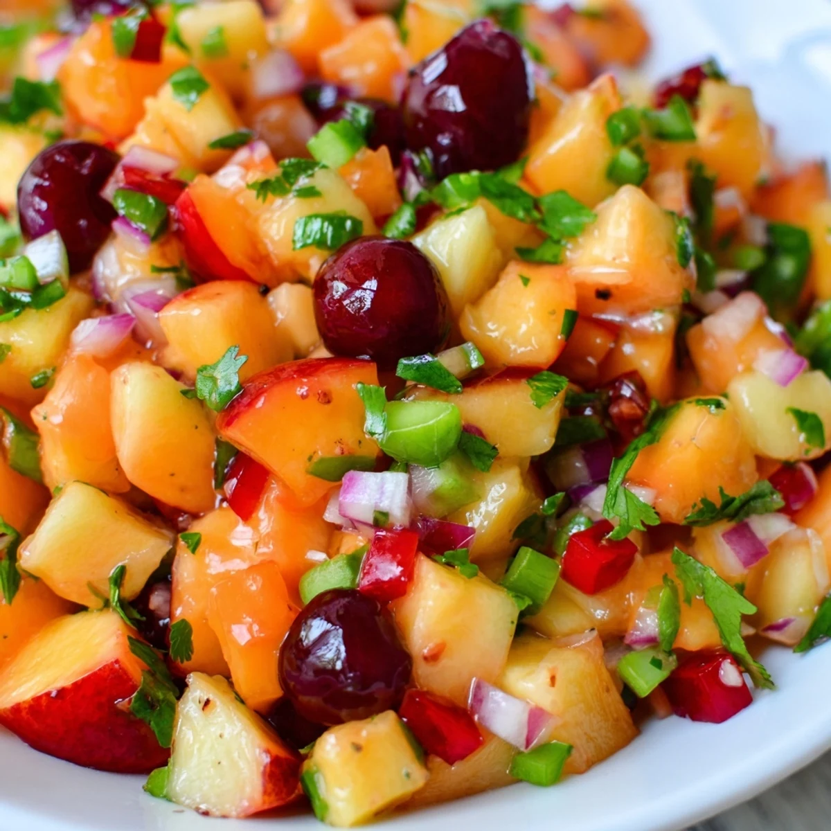A spoonful of Healthy Peach Cherry Salsa rests beside grilled chicken, highlighting its vibrant summer flavors.