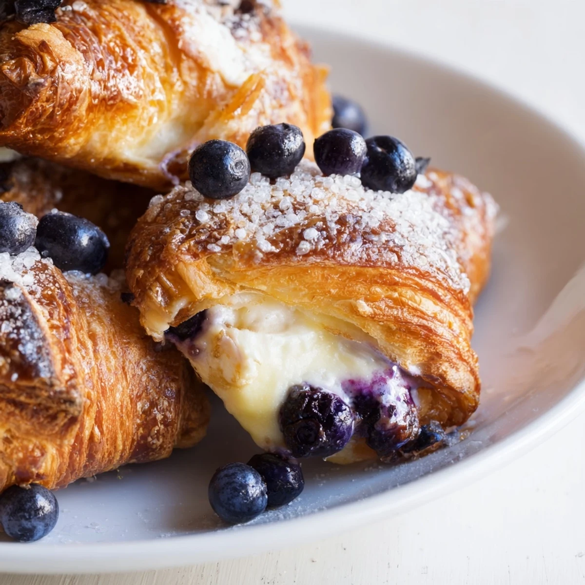 Blueberry Cream Cheese Croissant Casserole served warm from the oven with a fork, showcasing buttery layers and juicy berries.
