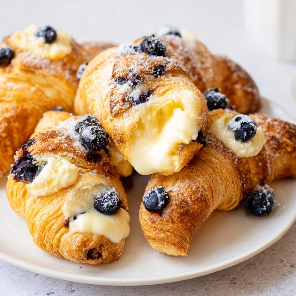 Golden baked Blueberry Cream Cheese Croissant Casserole with melted cream cheese and fresh blueberries on a white plate.