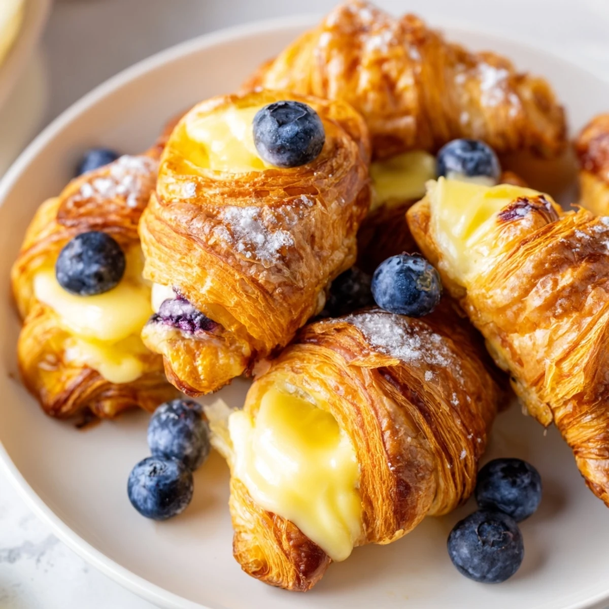 A close-up of Blueberry Cream Cheese Croissant Casserole featuring sweet custard-soaked croissants and a golden sugary topping.