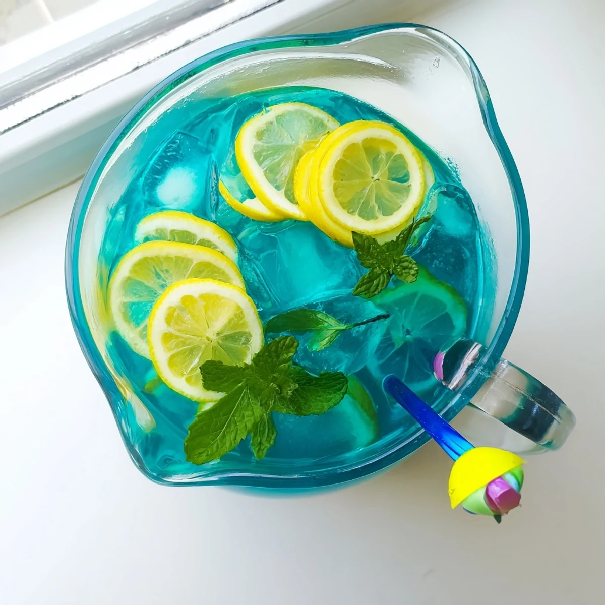 A close-up of vibrant Blue Spirulina Lemonade in a glass, garnished with fresh mint leaves and lemon slices, perfect for summer sipping.