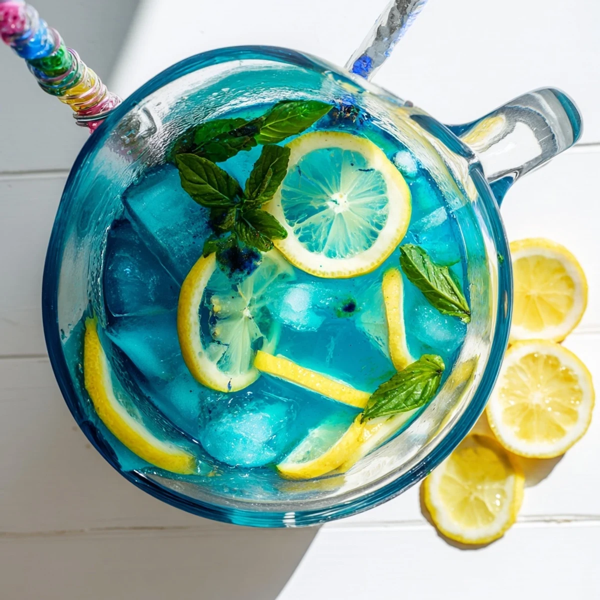 Freshly squeezed lemons and blue spirulina powder create a stunning, bright blue vegan lemonade in a tall glass filled with ice.