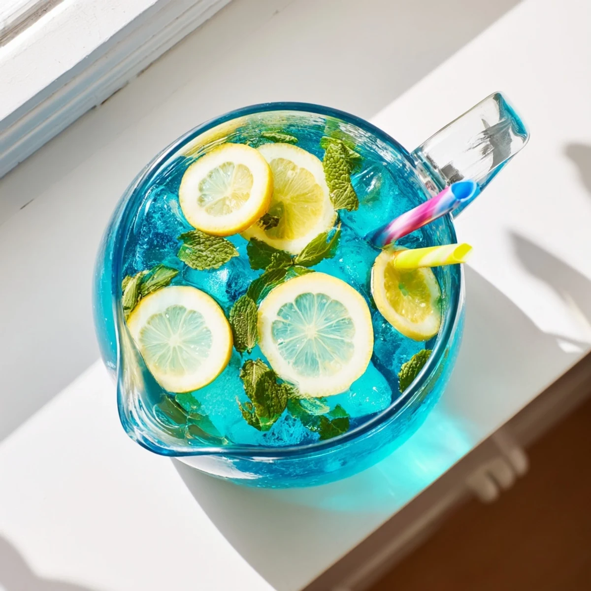 Chilled pitcher of homemade Blue Spirulina Lemonade with lemon wheels and mint, an easy, refreshing gluten-free beverage for gatherings.