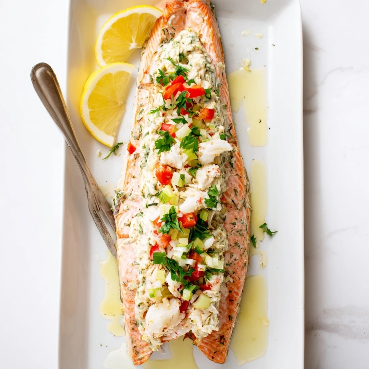 Tender salmon fillet stuffed with creamy crab and shrimp filling served on white plate.