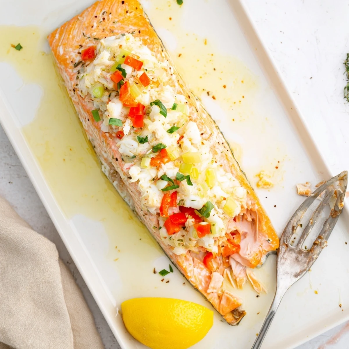 Golden baked Crab & Shrimp Stuffed Salmon fillets on a plate with lemon wedges.