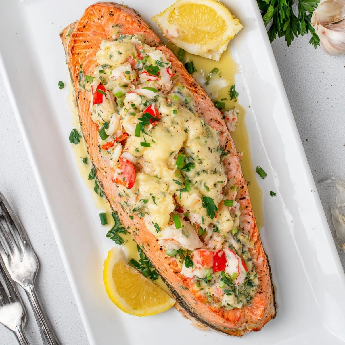 Close-up of Crab & Shrimp Stuffed Salmon revealing fluffy seafood filling and flaky fish.