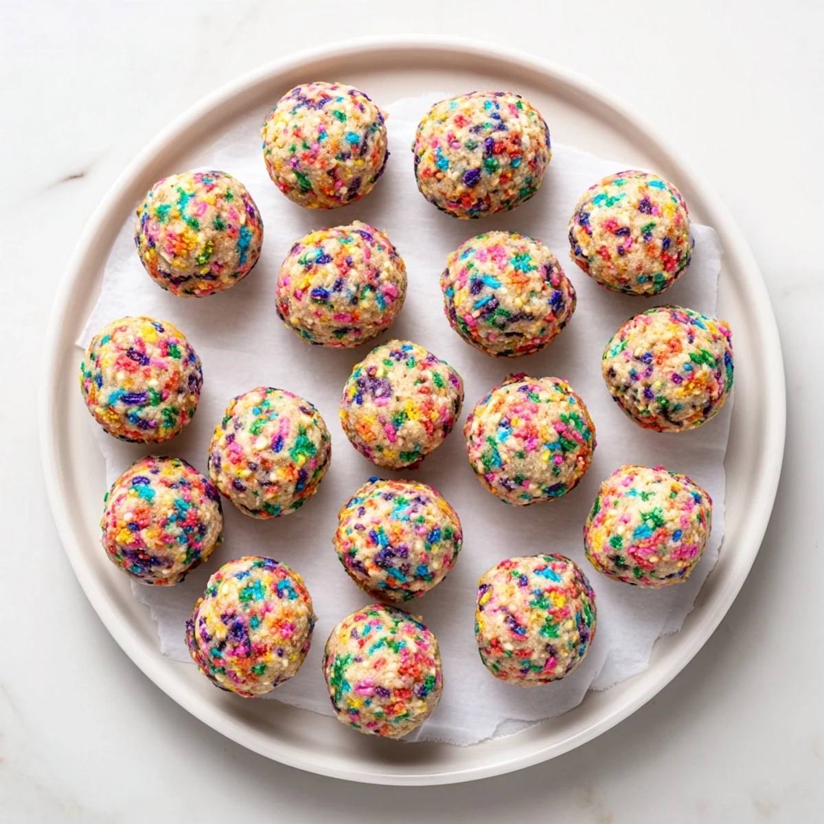 Bright, colorful birthday cake batter protein balls coated in rainbow sprinkles, lined up on a white plate for a sweet no-bake snack.