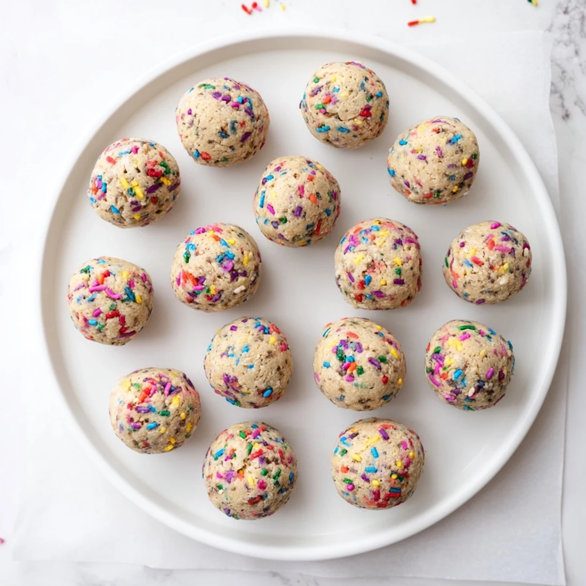 No-bake birthday cake batter protein balls with creamy almond butter and vibrant sprinkles, ready to enjoy after chilling.
