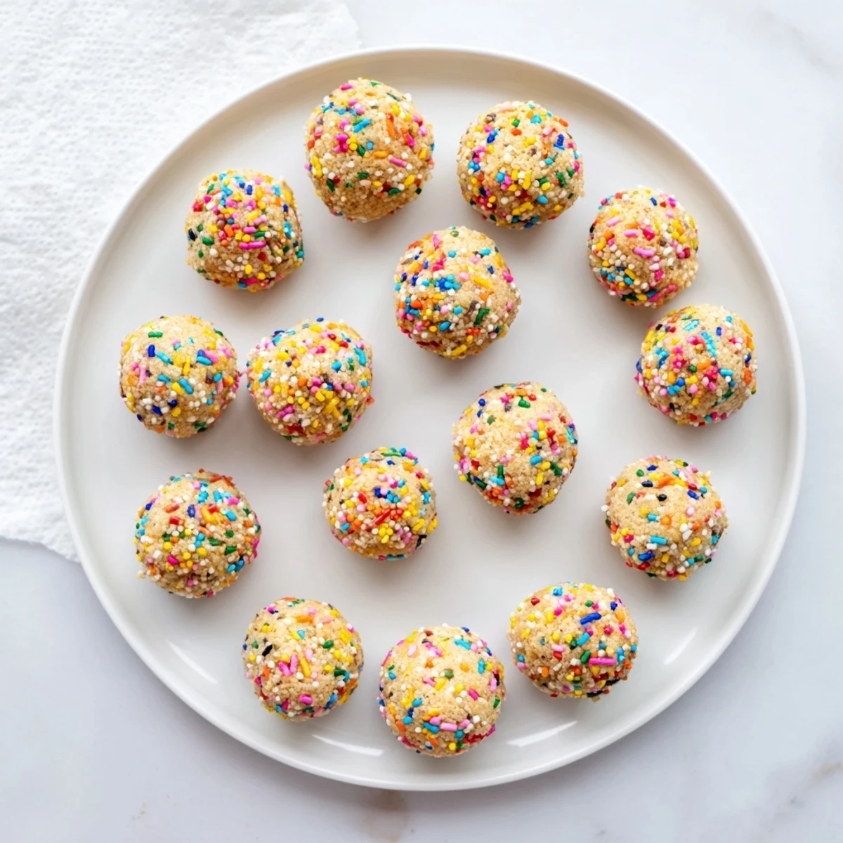 Soft birthday cake batter protein balls with oats and vanilla, sprinkled with confetti for a festive, guilt-free treat.