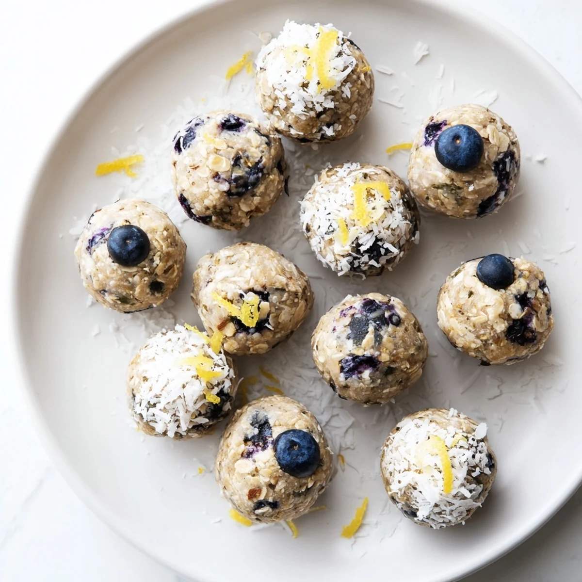 Six Lemon Blueberry Cottage Cheese Protein Bites arranged on a white plate, some coated in shredded coconut, perfect for a quick breakfast or afternoon treat.