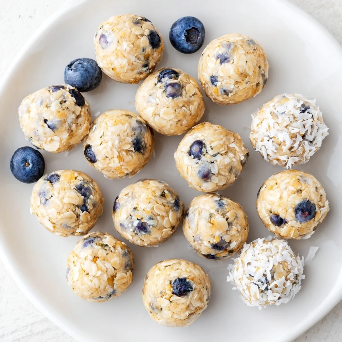 A close-up of Lemon Blueberry Cottage Cheese Protein Bites showing the soft, moist texture with visible blueberries and flecks of lemon zest, plated on a rustic table.