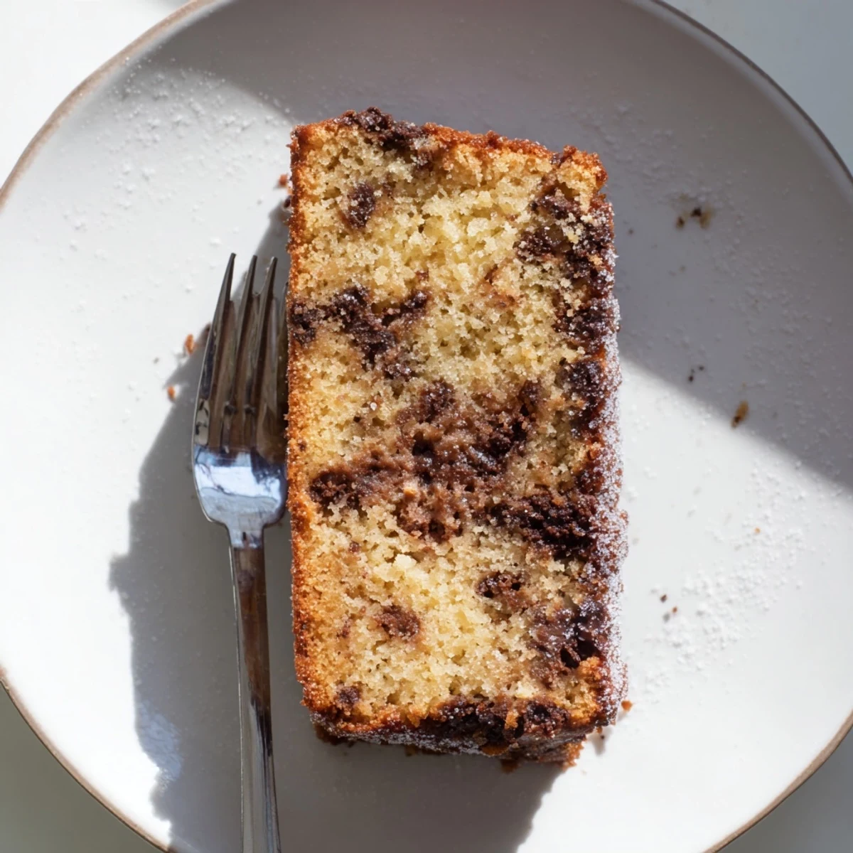 A slice of Chocolate Chip Cake with moist crumbs and melted chocolate chips on a plate.
