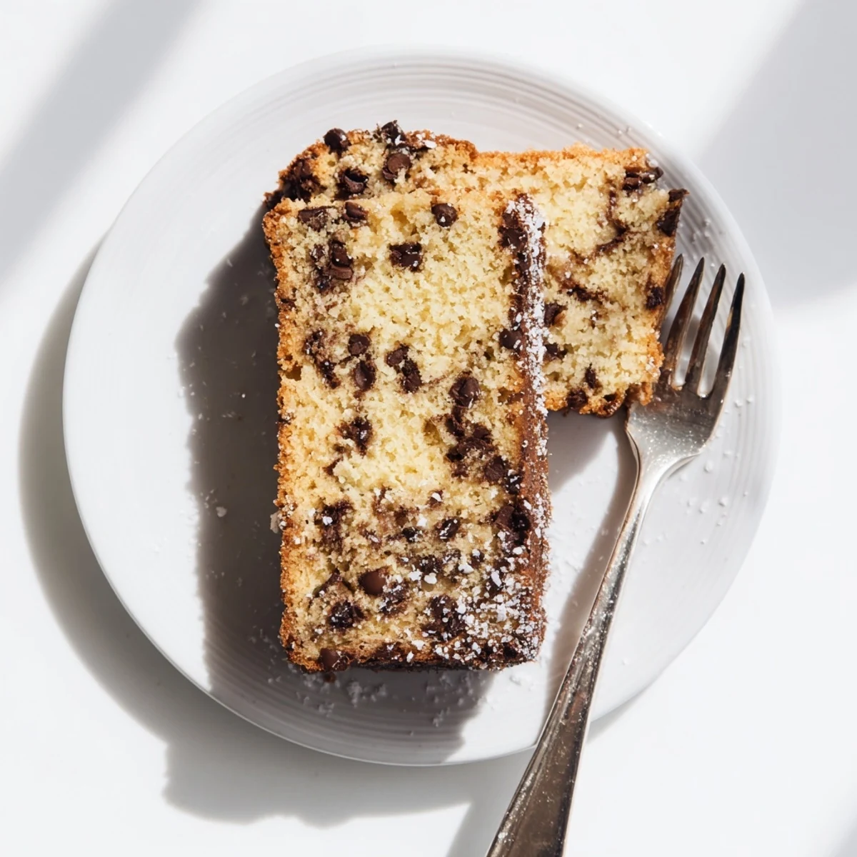 Close-up of a freshly baked Chocolate Chip Cake showing tender crumb and abundant chips.