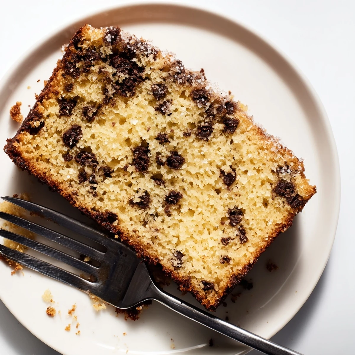 Chocolate Chip Cake served warm with vanilla ice cream melting over a generous wedge.