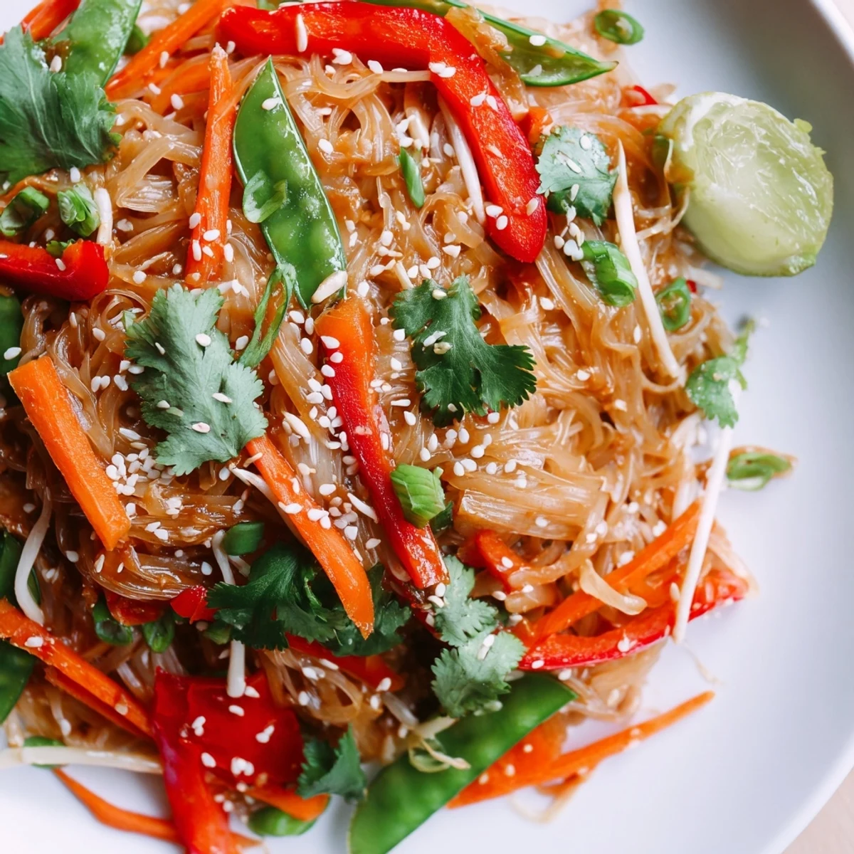 Close-up of Rice Noodle Stir Fry with fresh bean sprouts, spring onions, and sesame seeds beside lime wedges on a white plate.  