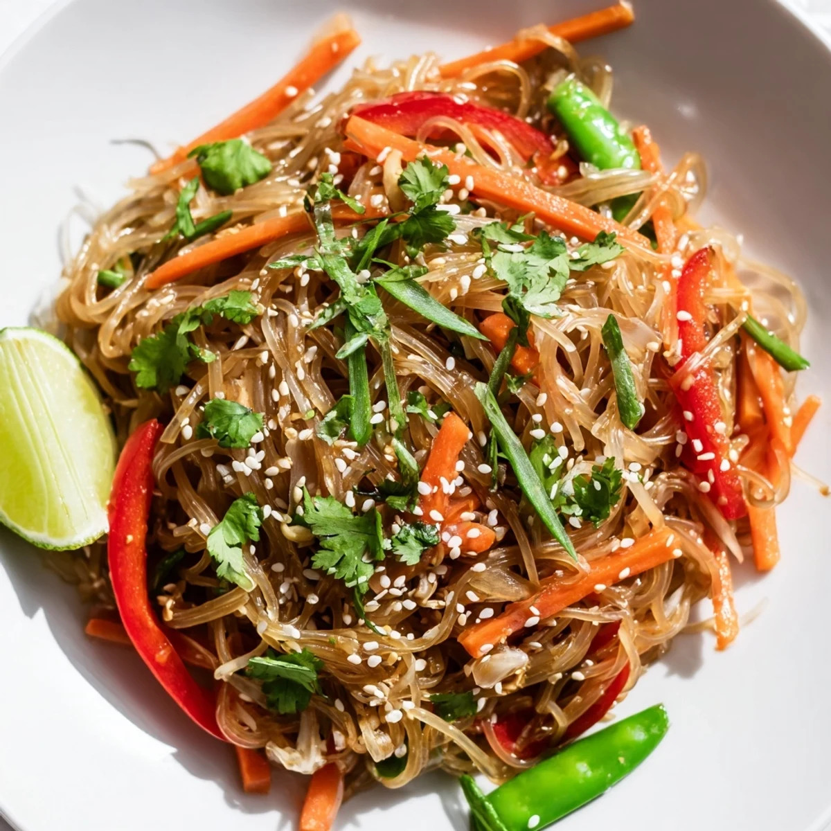 Hot Rice Noodle Stir Fry sizzles in a wok with colorful carrots, bell peppers, and snap peas coated in a glossy savory sauce.  