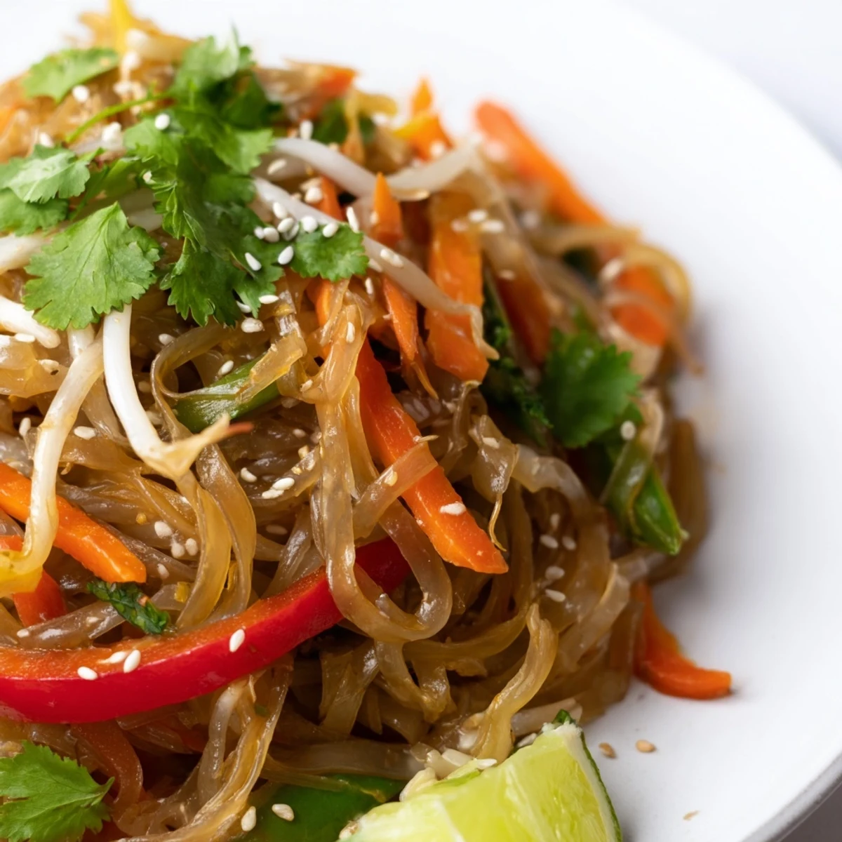 Family-style Rice Noodle Stir Fry served in a wide bowl, garnished with cilantro, ready for a busy weeknight dinner.
