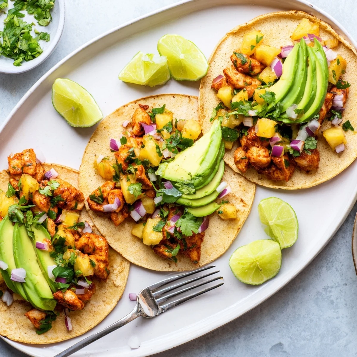 Golden brown Pineapple Chicken Tacos with diced pineapple salsa and avocado slices on a wooden table.