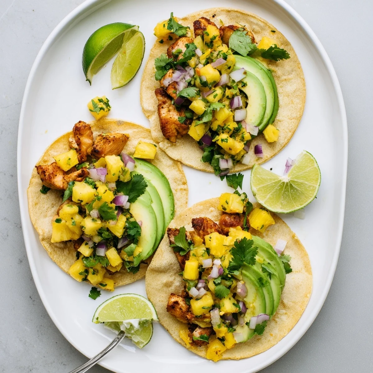 Close up view of Pineapple Chicken Tacos filled with grilled chicken and vibrant pineapple salsa on corn tortillas.