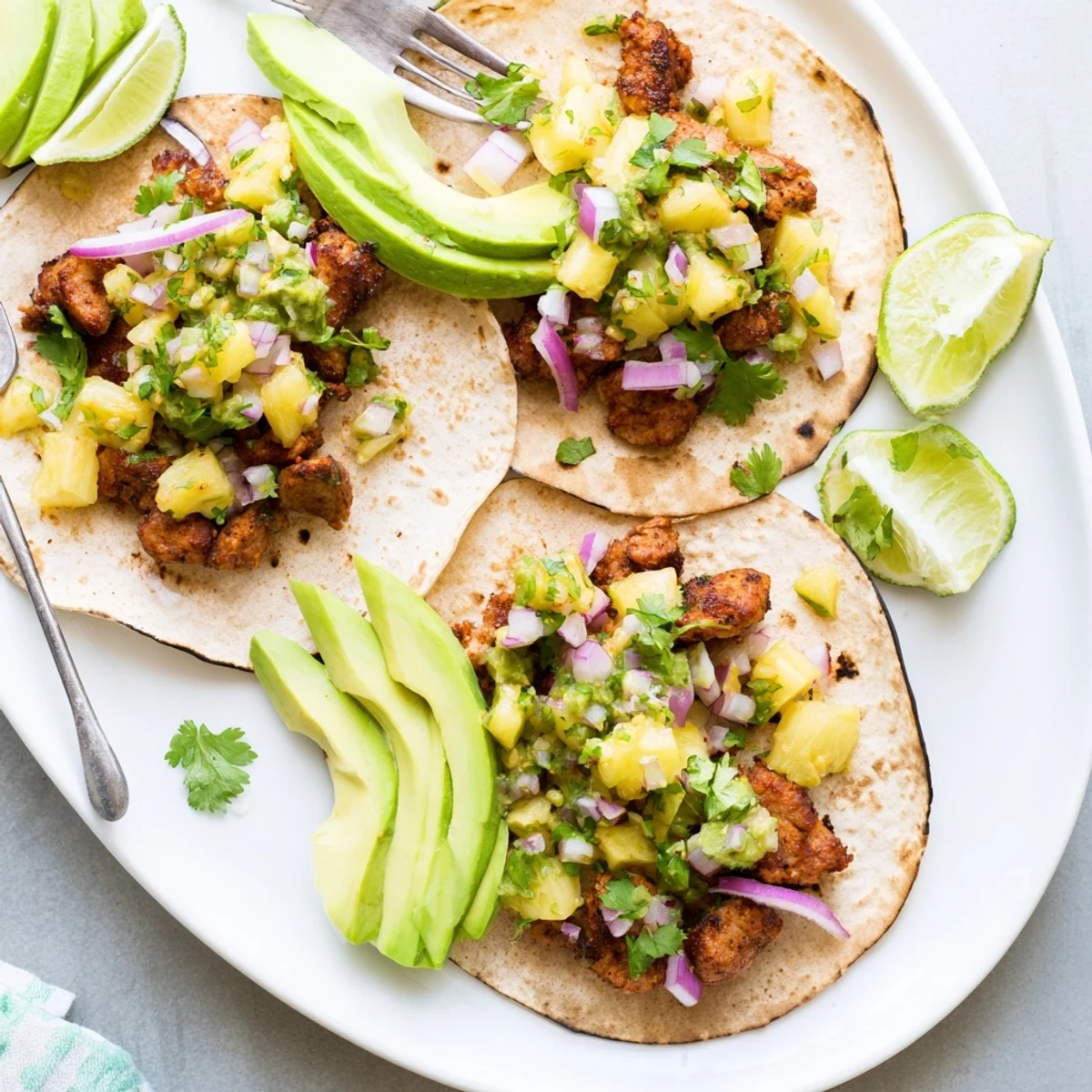 Juicy Pineapple Chicken Tacos topped with fresh cilantro and lime wedges on a rustic serving board.