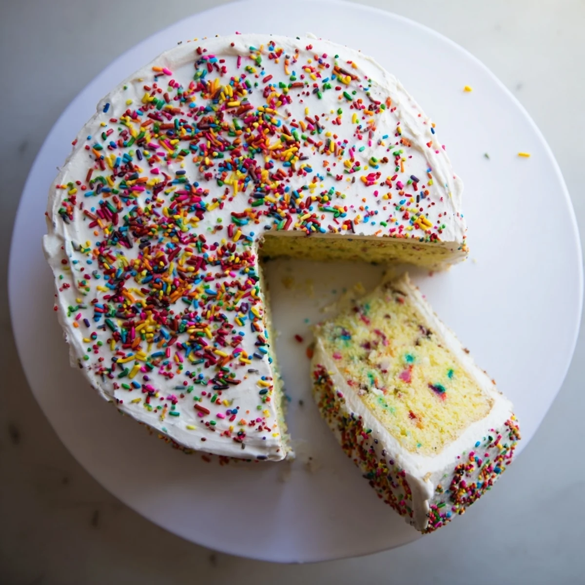 A slice of moist gluten-free Funfetti birthday cake with creamy vanilla frosting and vibrant sprinkles on a white plate.