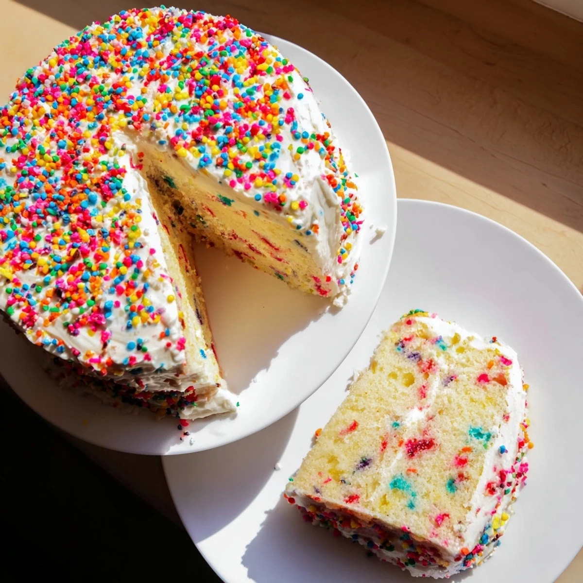 Freshly baked gluten-free Funfetti birthday cake layers frosted with white buttercream and decorated with colorful rainbow sprinkles.