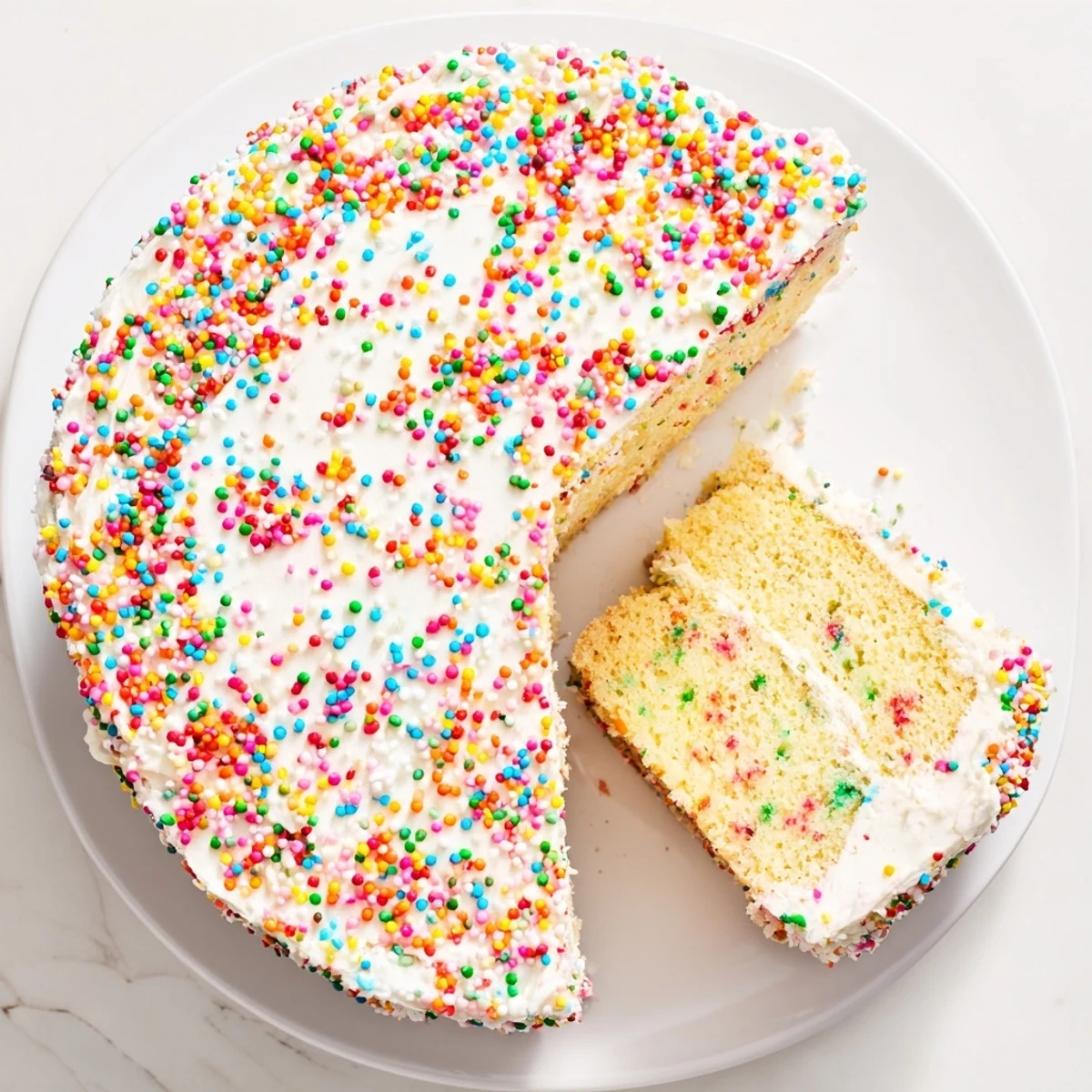 Gluten-free Funfetti birthday cake served on a dessert table, perfect for birthdays with a festive sprinkle topping.