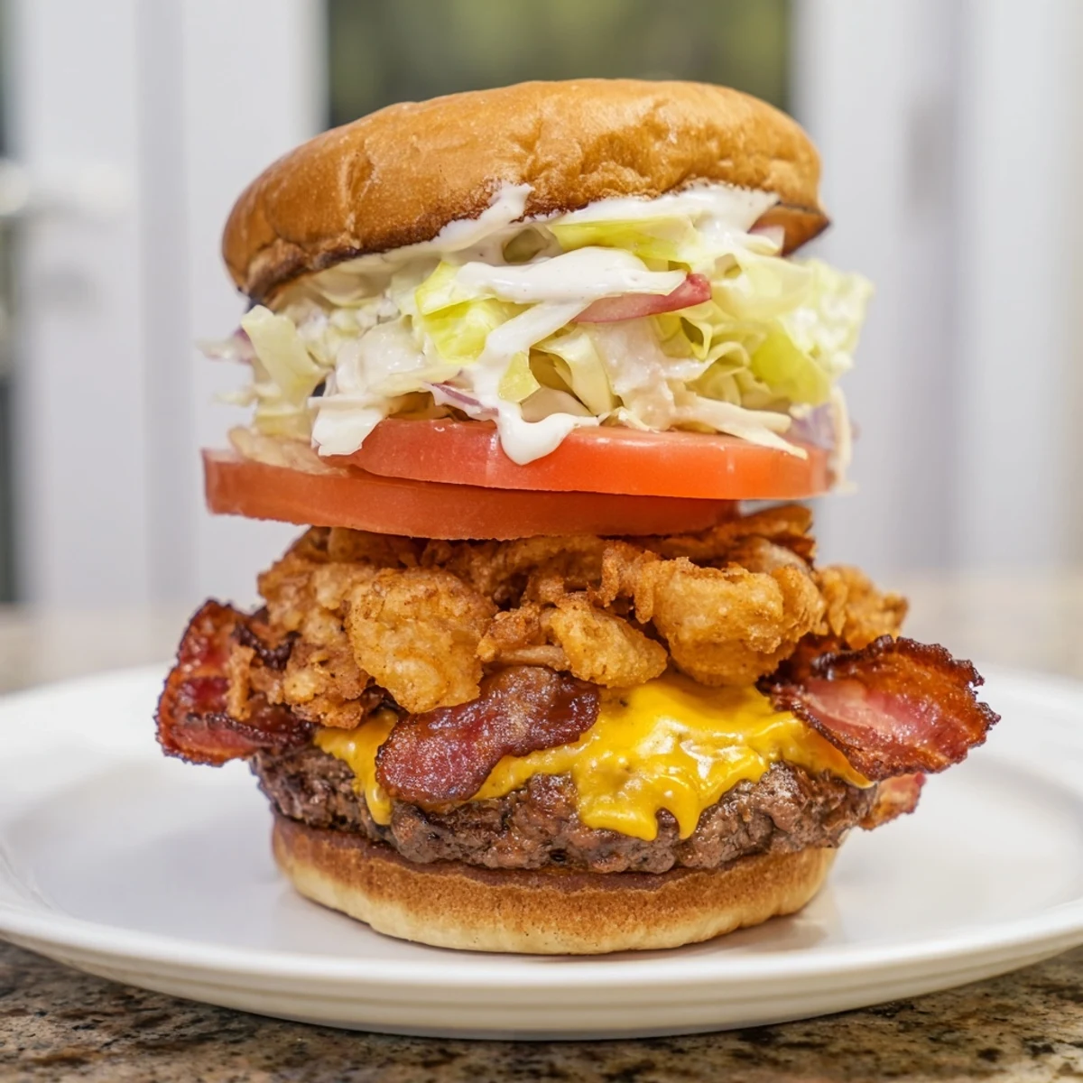 A close-up of a Crack Burgers recipe, featuring a juicy beef patty topped with crispy bacon, melted cheddar, and creamy ranch sauce on a toasted bun.