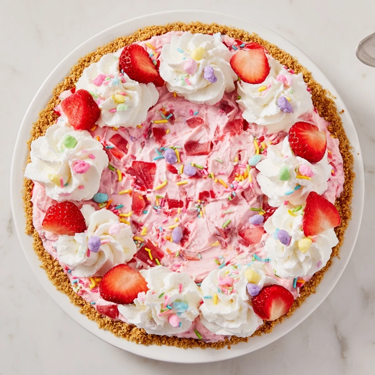 A slice of Easter No Bake Jello Pie shows a pink filling, whipped cream, and bright strawberry garnish on a plate.