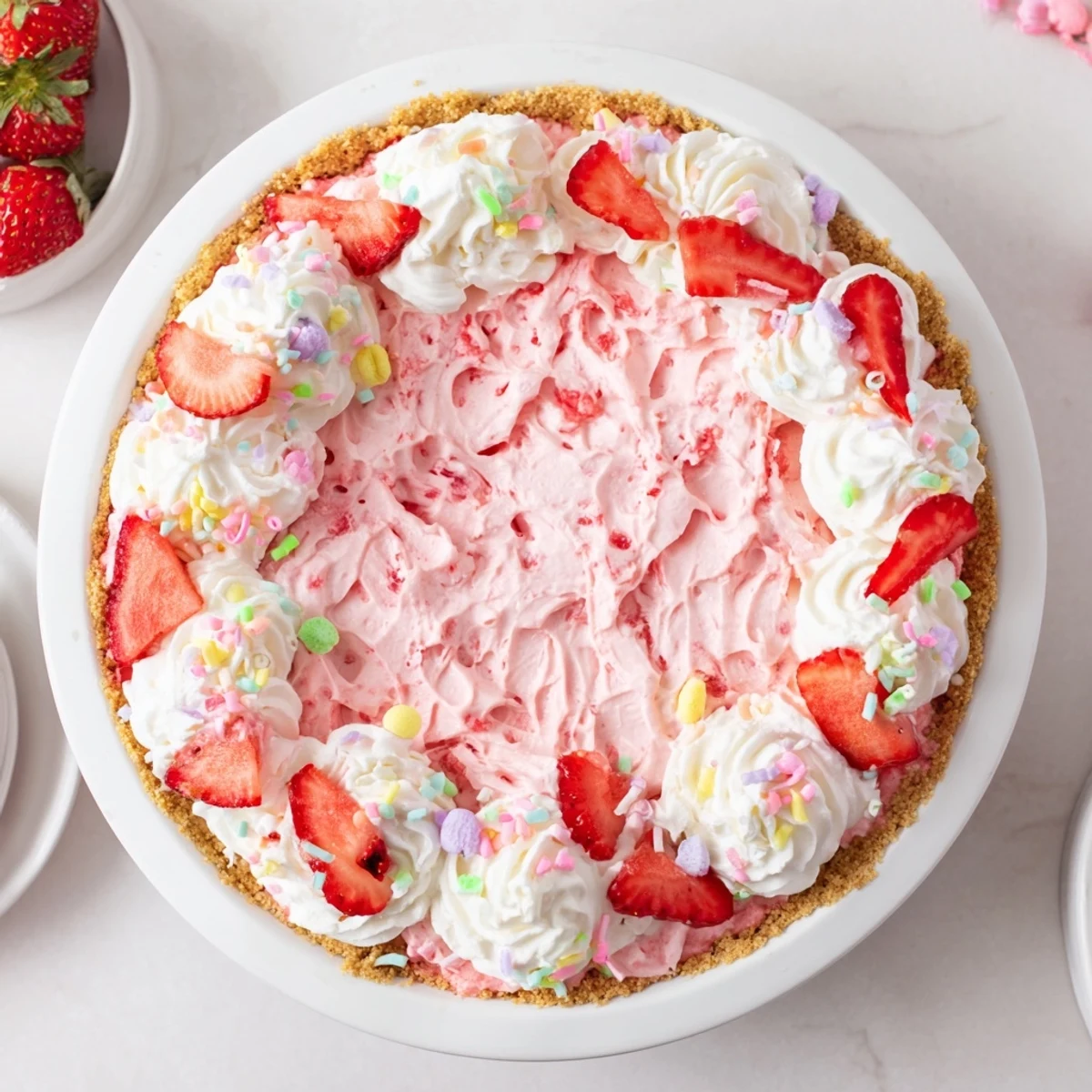 Cool and creamy, this Easter No Bake Jello Pie with a graham cracker crust is garnished with sliced strawberries and sprinkles.