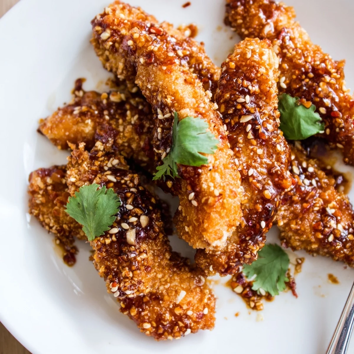 Golden-baked Thai Sticky Chicken Fingers coated in a glossy sweet chili sauce, garnished with cilantro and sesame seeds on a platter.
