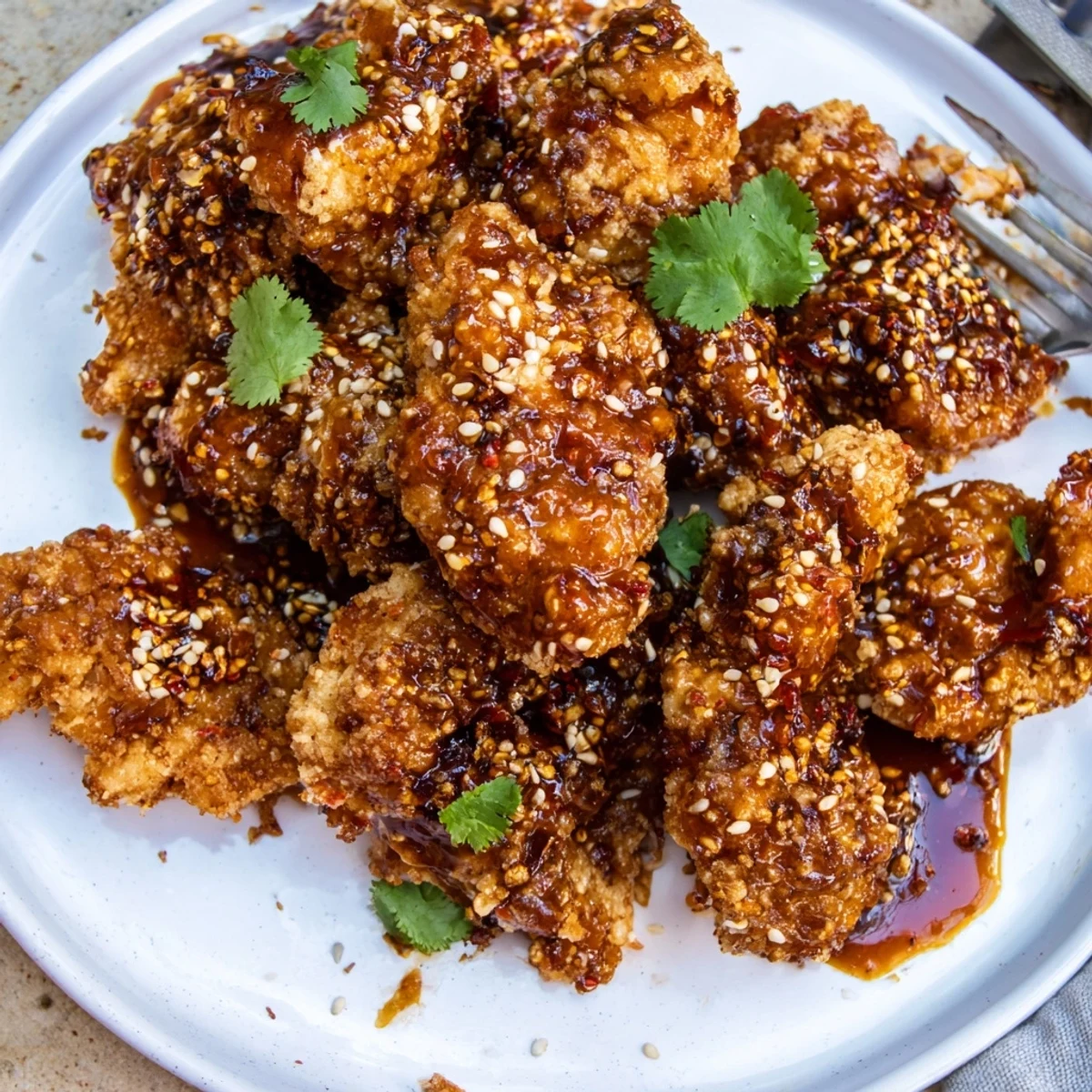 Close-up of crispy Thai Sticky Chicken Fingers tossed in sticky sauce, with lime wedges and fresh herbs for a flavorful appetizer.