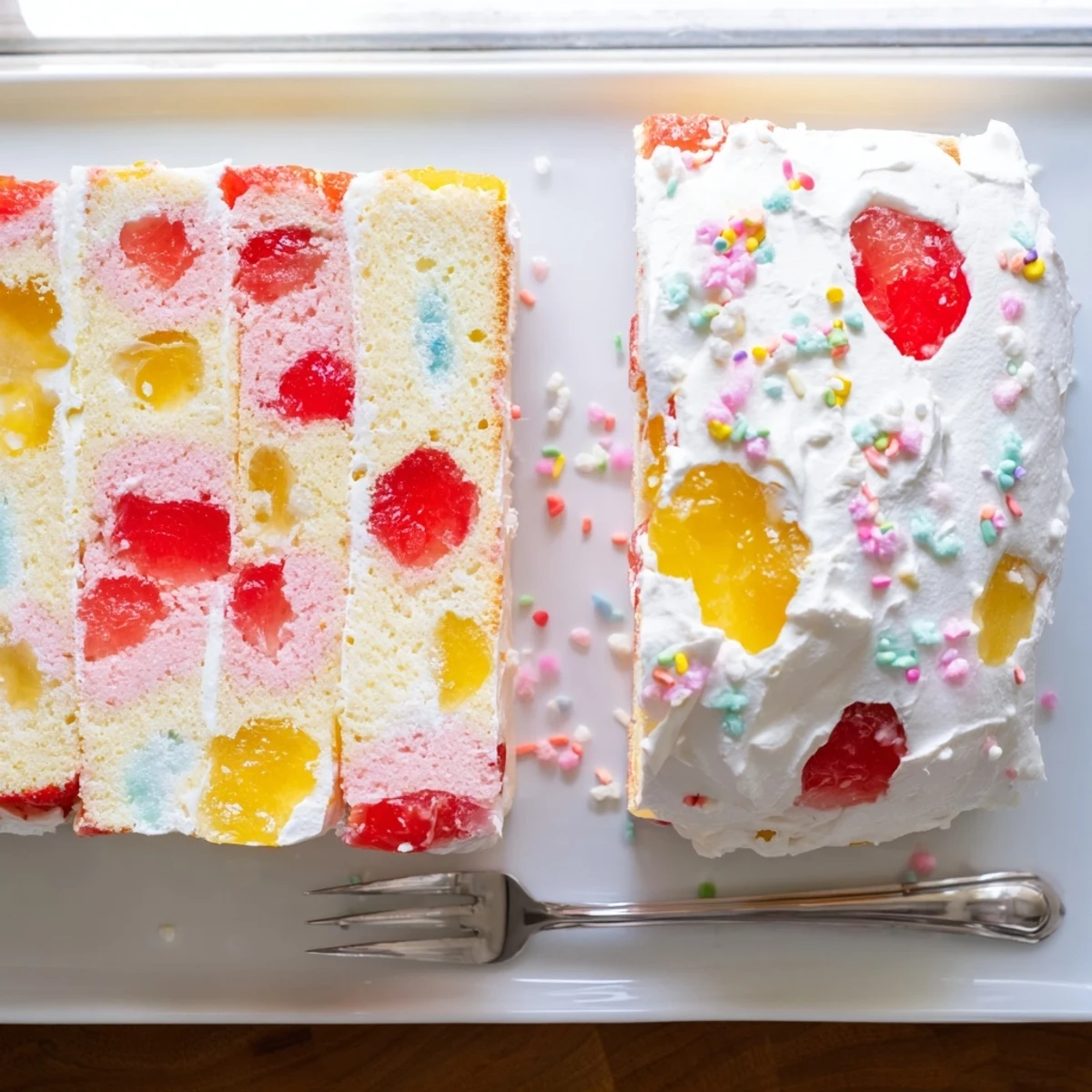 A chilled slice of Easter Poke Cake with Vanilla Gelatin and Fruity Topping reveals vibrant gelatin swirls.