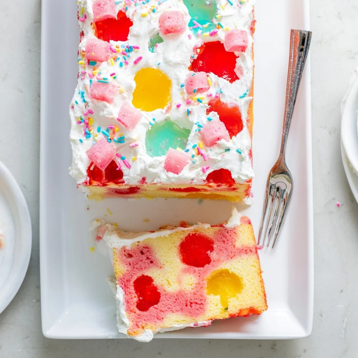 Moist Easter Poke Cake with Vanilla Gelatin and Fruity Topping topped with whipped cream and pastel sprinkles.