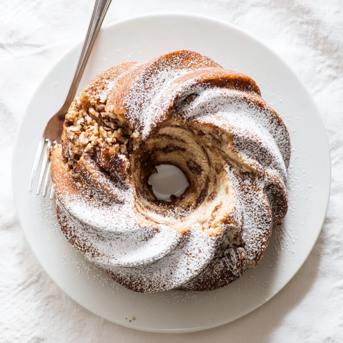 Golden Easy Breakfast Bundt Coffee Cake with cinnamon swirl and powdered sugar dusting on a rustic wooden table.