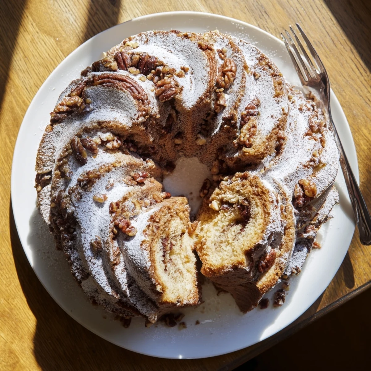 A sliced Easy Breakfast Bundt Coffee Cake revealing moist crumb, chopped pecans, and warm cinnamon swirl layers.
