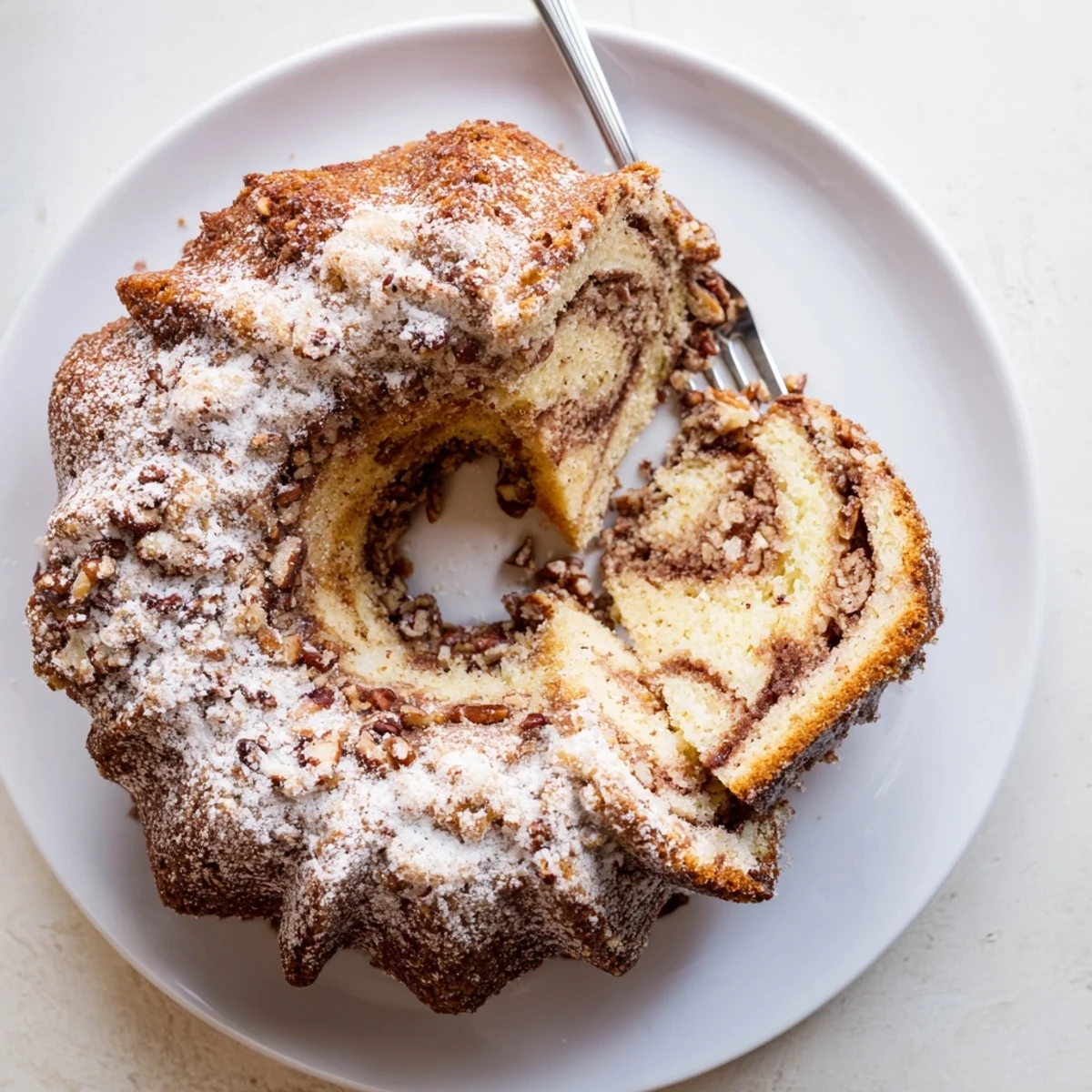 Freshly baked Easy Breakfast Bundt Coffee Cake served with steaming coffee and berries on a bright morning plate.