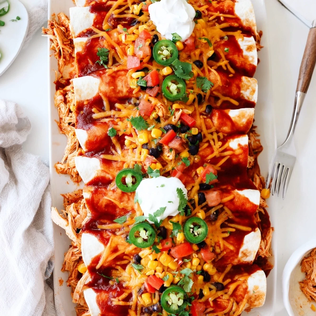 Golden, bubbly melted cheese covers these Chicken Enchiladas, filled with tender shredded chicken and spicy red sauce.