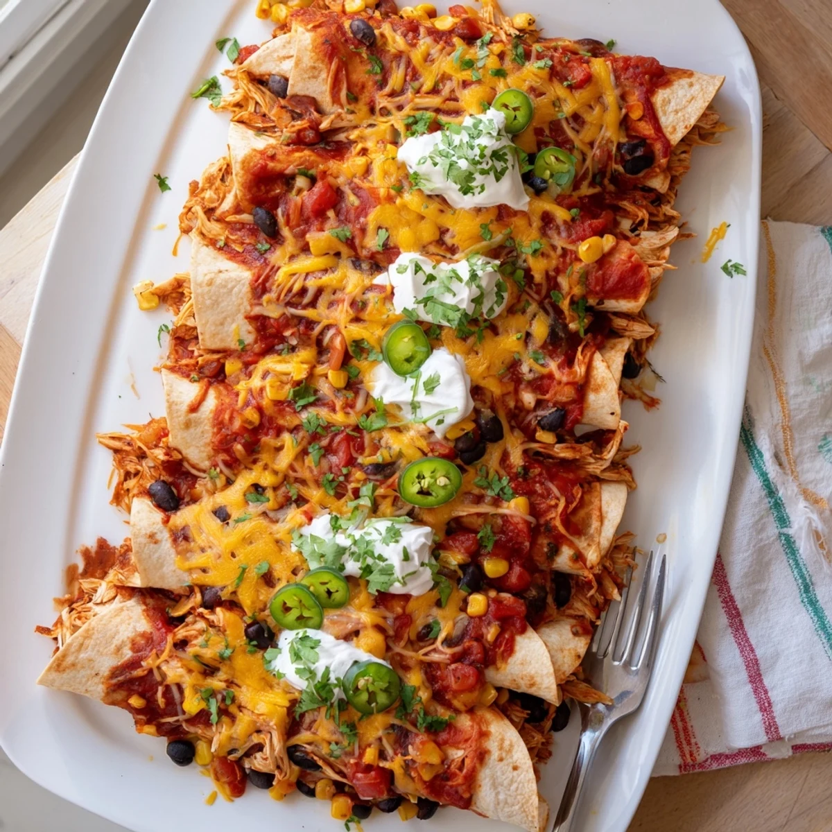 Plated Chicken Enchiladas show soft tortillas rolled with savory chicken, smothered in zesty red enchilada sauce.